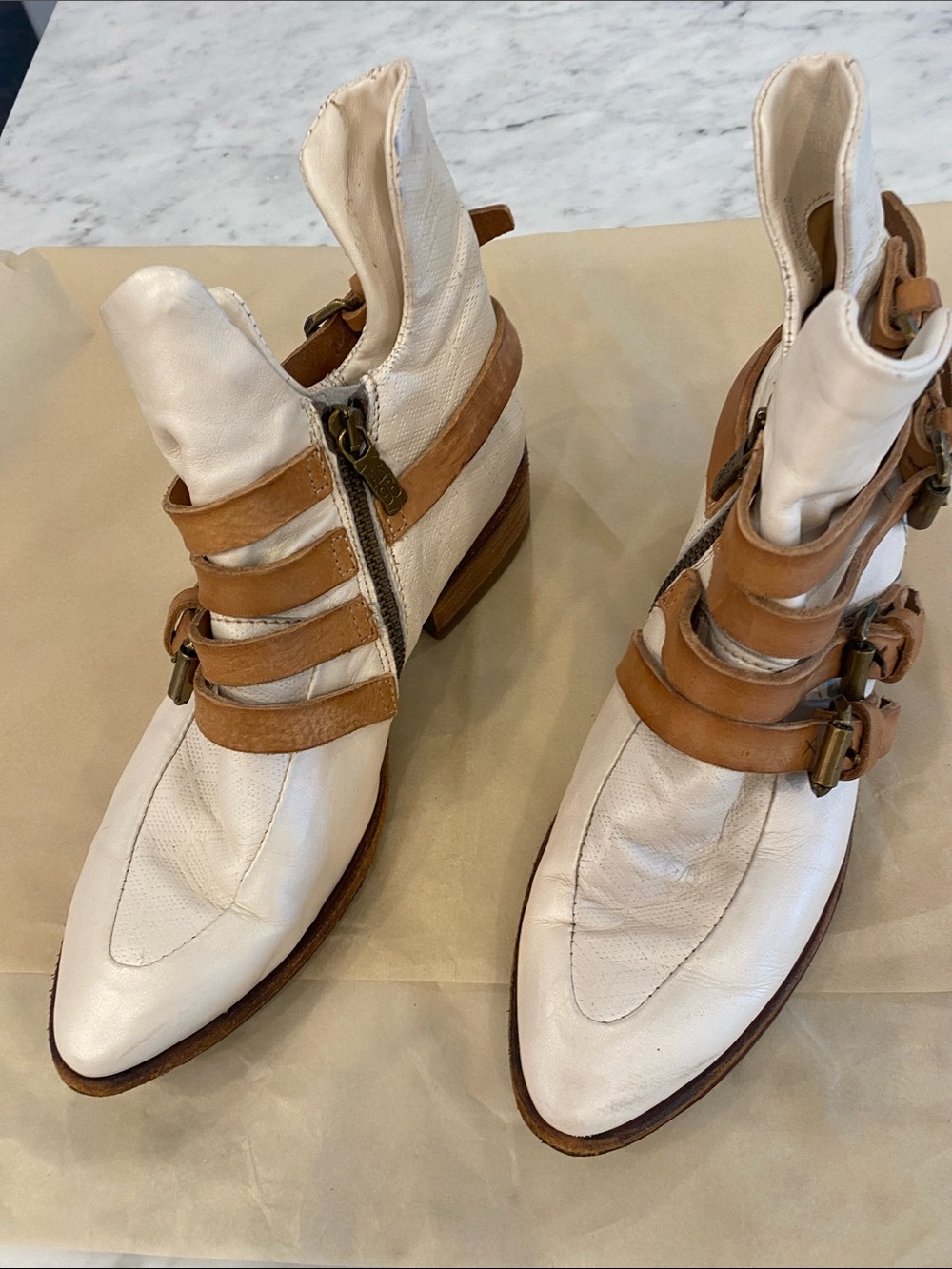A.S.98 White Leather Ankle Boots with Tan Strap Accents